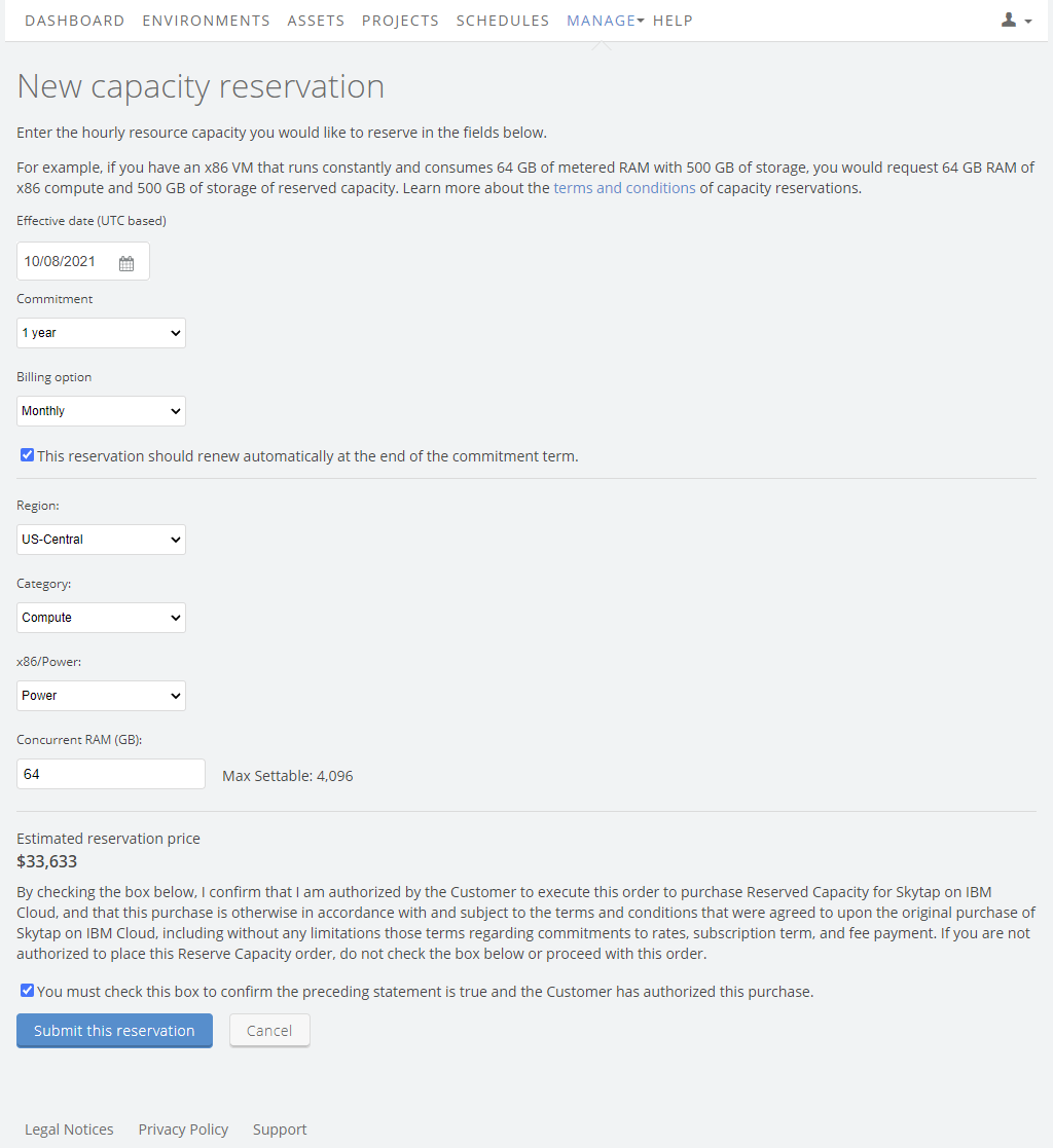 Capacity reservation request page