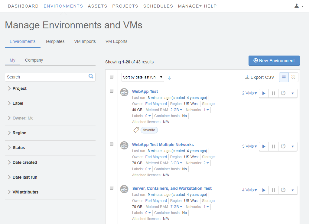 Manage Environments and VMs - New Environment