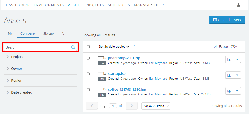 Asset list page with highlighted search field